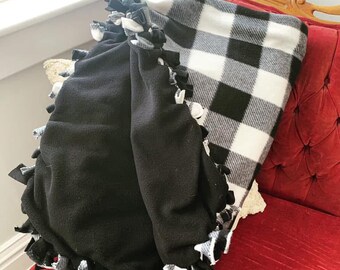 Handmade Fleece Tie Blanket: Black & Buffalo Plaid, Custom Size