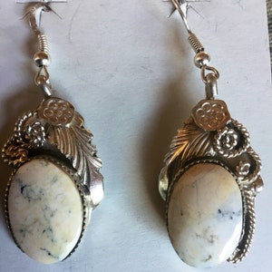 EARRINGS White Buffalo Turquoise Sterling Silver Fancy Large