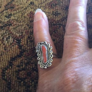 Navajo Made RING Antique Large Sterling & Red Branch Coral size 7