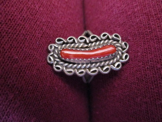Navajo Made RING Antique Large Sterling & Red Bra… - image 1