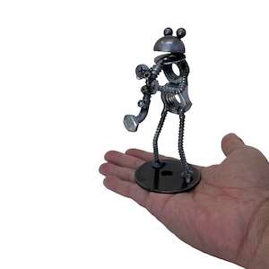 Happy Frog Saxophone. 4&quot; tall. 100% Handmade. All recycled parts. A perfect gift for Frog lovers!