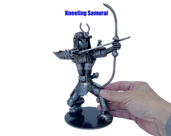 Samurai Japanese Warrior w/ Bow 9 inches tall. 100% Handmade. Made out of scrap metal. Best gift for Samurai Fan!