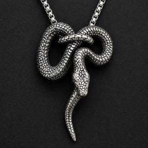 Puede incluir: Un collar de metal plateado con un colgante en forma de serpiente enroscada con escamas detalladas. La serpiente está entrelazada sobre sí misma y el colgante cuelga de una cadena de eslabones cuadrados a juego que se extiende hacia arriba.