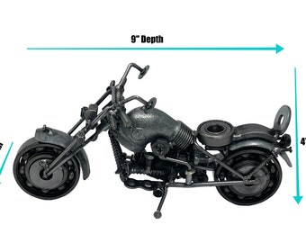 Cruiser Motorcycle sculpture. 4 inches high. 100% Handmade. All recycled parts.  The best handcrafted motorcycle gift for any occasion!