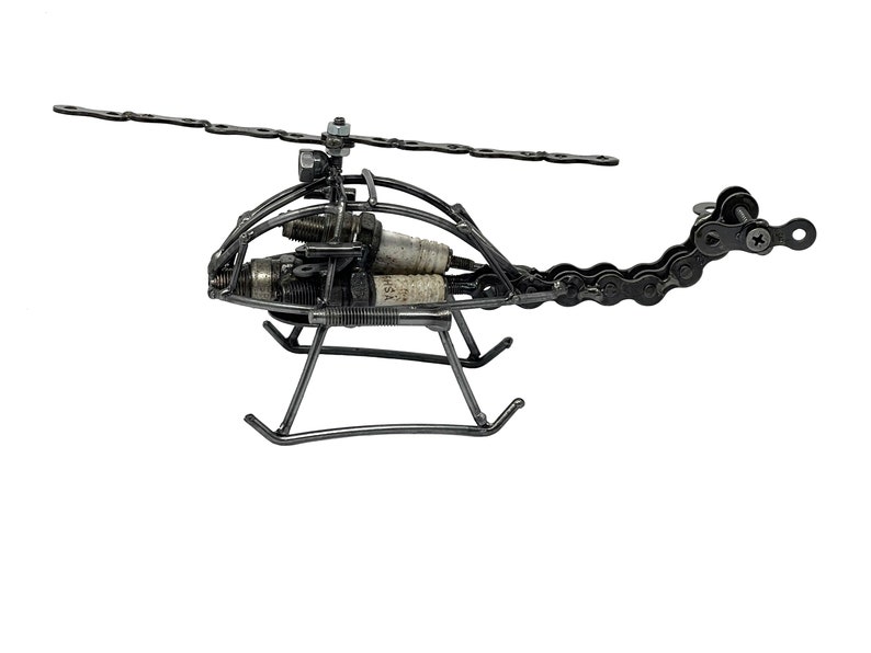 Helicopter Sculpture. 3.5 inches high. 100% Handmade. All recycled parts. The perfect size for indoor decoration and collection. image 2