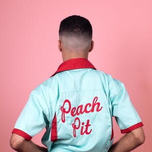 オレボレブラ♥️総柄　半袖チュニック　ストライプ襟　LOVE AND PEACE Peach Pit 90210 Shirt Replica Beverly Hills Brandon Walsh Jason
