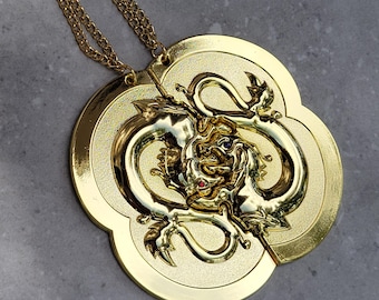 Double Dragon Gold Medallion Cosplay Prop Metal Necklace
