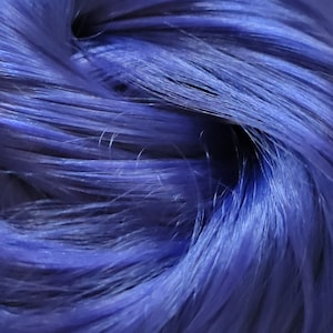 May include: Close-up of a bundle of soft, blue yarn. The yarn is tightly wound and has a smooth, silky texture.