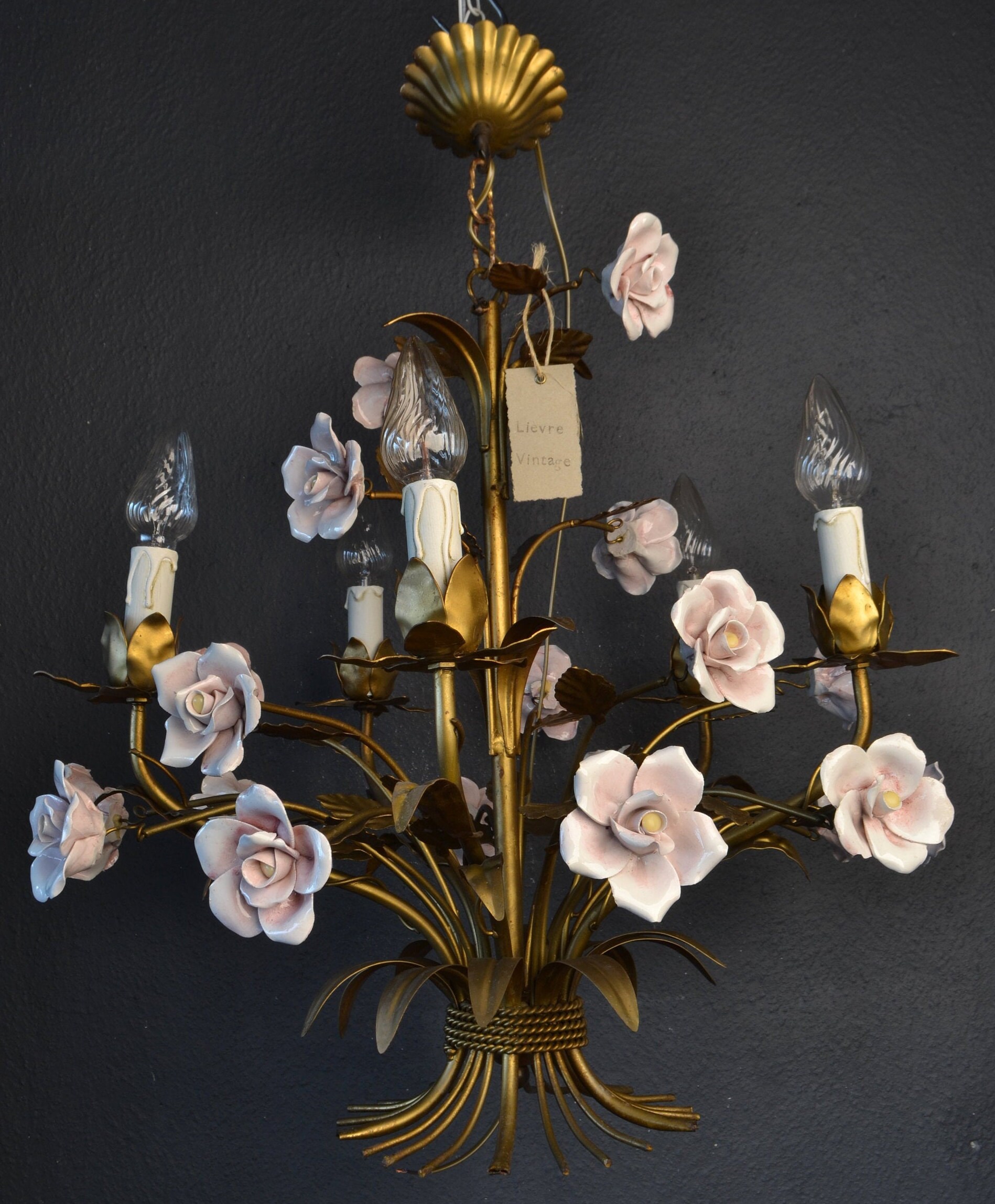 Stunning large golden Chandelier with pink porcelain roses (18073)