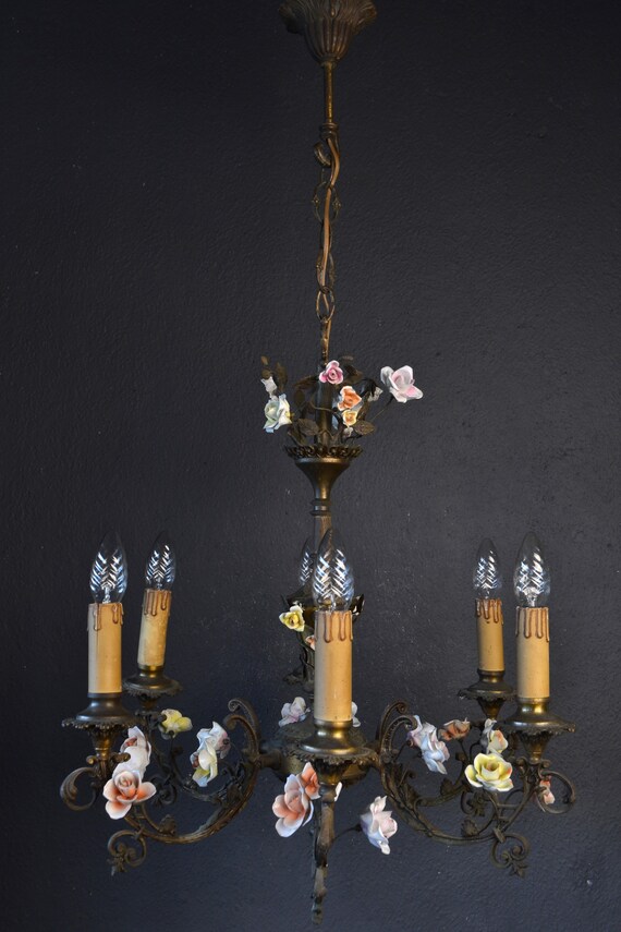 Beautiful old tole Flower Chandelier with porcelain flowers (2022001)