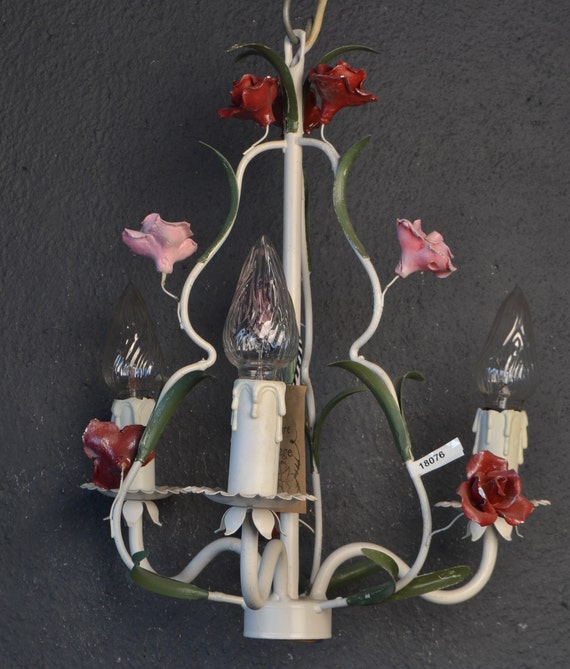 Beautiful old white Chandelier with pink flowers (18076)