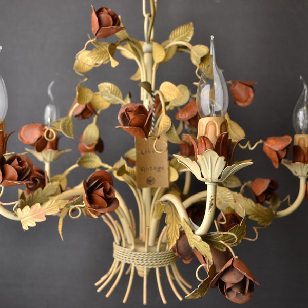 Italian tole chandelier with roses (5 light bulbs)