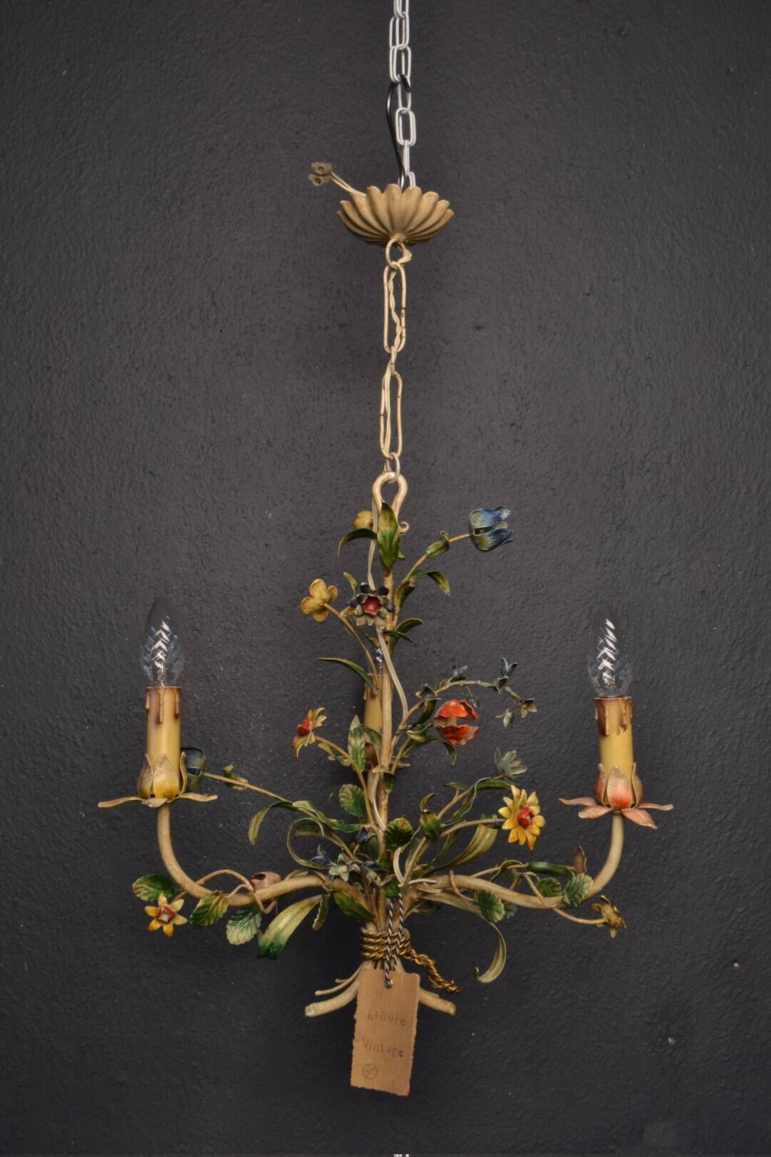 Beautiful old tole Flower Chandelier with various metal flowers