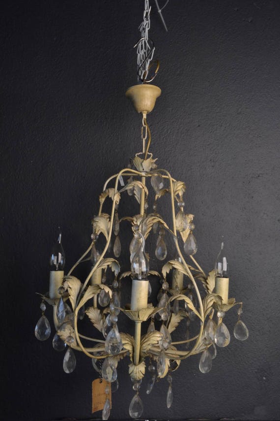 Old tole chandelier with glass crystals (17172)