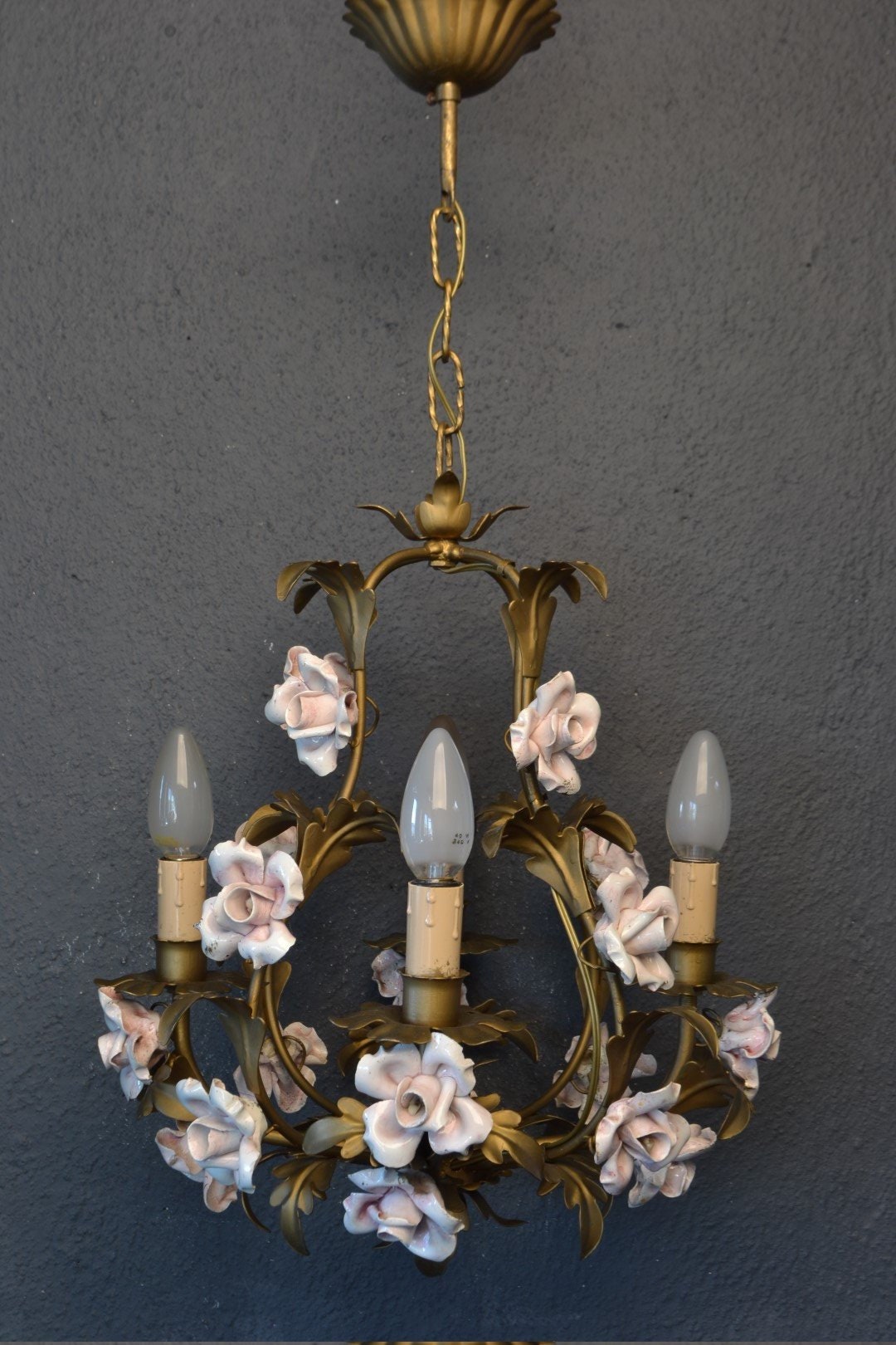 Beautiful tole Flower Chandelier with large porcelain roses.