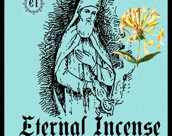 Op de afbeelding: Een vintage-stijl illustratie van een monnik die een wierookvat vasthoudt, met de tekst "Eternal Incense Athonite Incense Honeysuckle" eronder. De afbeelding heeft een lichtblauwe achtergrond.