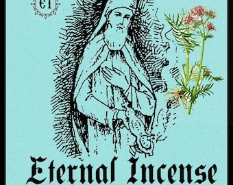 Op de afbeelding: Een zwart-witte illustratie van een man die een wierookvat vasthoudt. De tekst "Eternal Incense Athonite Incense NARD" is onder de illustratie gedrukt.