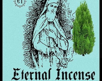 Op de afbeelding: Een zwart-witte illustratie van een man die een wierookvat vasthoudt, met een groene cipresboom op de achtergrond. De tekst "Eternal Incense Athonite Incense CYPRESS" is onder de afbeelding gedrukt.