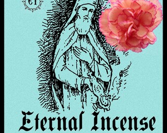 Op de afbeelding: Lichtblauwe afbeelding met de zwarte woorden "Eternal Incense" en "Athonite Incense CARNATION". De afbeelding bevat een zwart-wit illustratie van een geklede figuur en een roze-oranje anjerbloem.