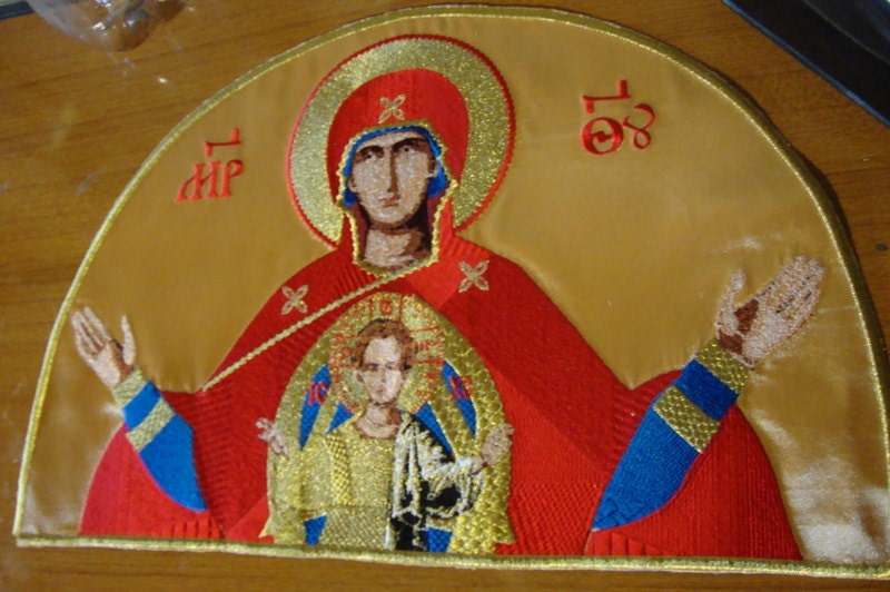 Theotokos Mother of God Embroidered Applique: Orthodox Vestment Church Decor (7x12 inches)