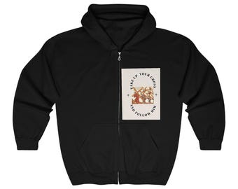 May include: Black zip-up hoodie with a white rectangular graphic on the front. The graphic features a religious illustration with the text "TAKE UP YOUR CROSS AND FOLLOW HIM". The hoodie has a hood and a full-length zipper.