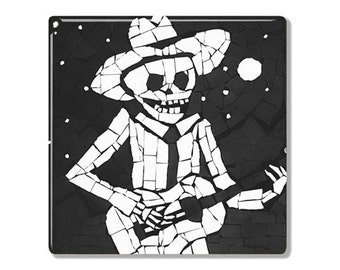 Mexican Day of the Dead - Ceramic Tile / Coaster -  Skeleton Playing Guitar - Black and White