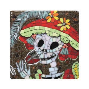 Day of the Dead Ceramic Tile / Coaster - Lucia is Dead - Skeleton Drinking - Mexican Folk Art  - Hat with Feather