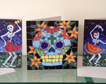 Day of the Dead Greetings Cards - UK shipping - Set of 3 - Mexican Folk Art - Birthday