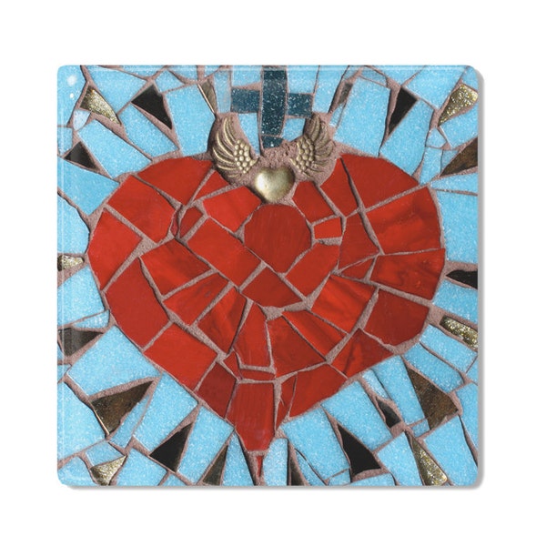 Mexican Folk Art - Ceramic Tile / Coaster - Blue Sacred Heart - Valentine's Day