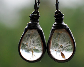 real dandelion earrings, dandelion seeds, make a wish earrings, MARIAELA, teardrop earrings