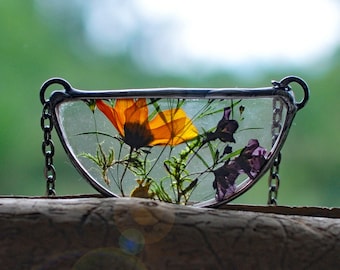 Terrarium necklace, pressed flower, bridal jewelry, bohemian necklace, pressed flower frame, yellow flower