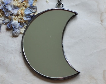 Moon Shaped Mirrors, Stained Glass Mirror, stained glass, Crescent Moon Mirror, Moon Art, Celestial Gift