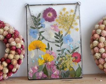 Vibrant pressed flowers, pressed flower frame, framed dried flowers, wall hanging, floating frame, office decor, pressed flowers, feather