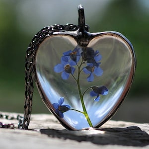 Pressed Forget Me Not Flower Necklace: Stained Glass Terrarium