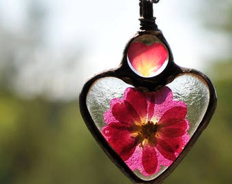 Pressed Rose Flower Necklace: Botanical Glass Pendant, Old Silver Chain