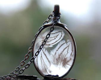 Natural feather necklace, terrarium necklace, Natural Jewelry, inspired by nature, boho jewelry