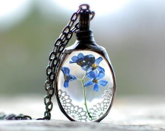 Forget Me Nots Necklace, Terrarium Jewelry, Botanical Necklace, Flower Jewelry, vergeet me niet ketting, pressed flower