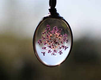 Natural Jewelry, Terrarium necklace, bridal jewellery, botanical, real plant jewelry, bridesmaid necklace, queen anne's lace, pressed flower