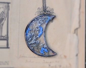 Stained Glass Frame, Pressed Flowers, Pressed Flowers, crescent moon, stained glass, pressed flower frame, forget me nots