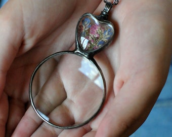 Loupe Necklace, Magnifying Glass, Glass Necklace, Magnifying Necklace, Real Flower Necklace, Terrarium Jewelry, Magnifier Necklace, Heart