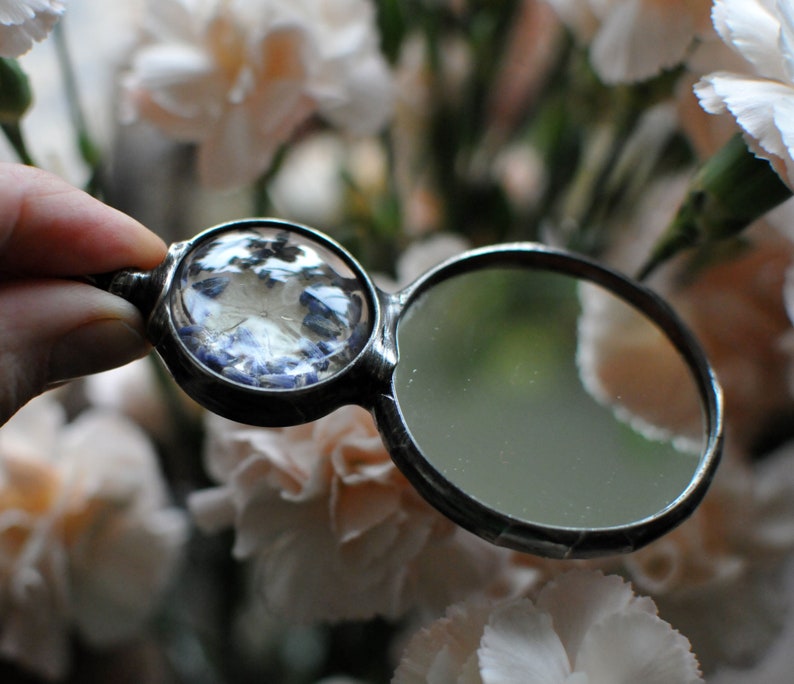 Big mirror necklace, celestial necklace, celestial jewelry, stained glass, mirror jewelry, pressed flower jewelry, dried lavender image 1