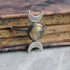 celestial ring, 6.75 US, rutilated quartz ring, moon phase ring, moon cycle ring, celestial jewelry, moon phases ring, waxing moon image 3