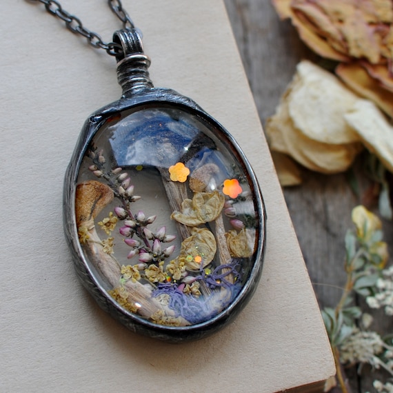Dried Mushroom Pendant: Forest Jewelry with Heather & Lilies