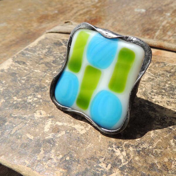 blue green, statement ring, cocktail ring,  Art Jewelry,  by MARIAELA, retro ring, glass ring, unique ring
