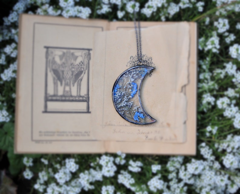 Stained Glass Frame, Pressed Flowers, Pressed Flowers, crescent moon, stained glass, pressed flower frame, forget me nots image 1