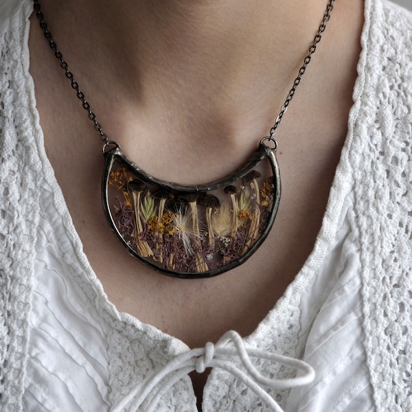 Pressed Flower Necklace: Stained Glass Crescent Moon, Woodland Gift