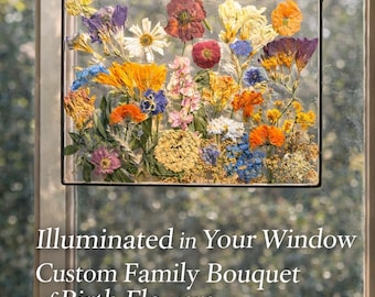 Botanical Birth Flower Wall Art A4 – Custom Pressed Flower Glass Frame – Personalized Family Bouquet Gift