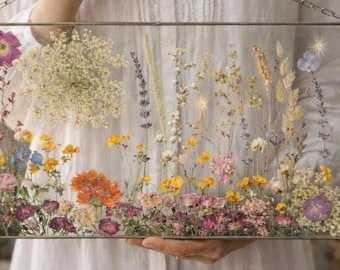 Botanical Wall Art with Real Pressed Flowers – Large Horizontal Stained Glass Frame for Wall or Window