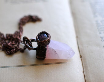 pink quartz, point necklace, quartz pendant,  raw necklace, ruby necklace, amethyst stone, gemstone neckalce, february birthstone