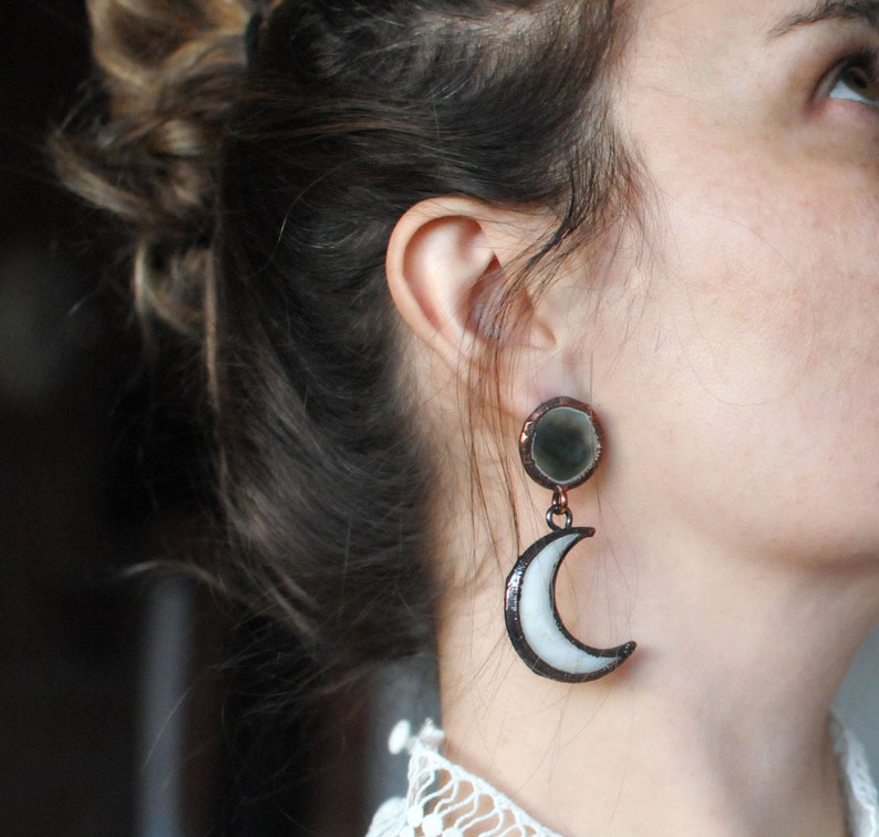 celestial earrings pearl earrings full moon earrings moon phase earrings half moon jewelry moon danging earrings